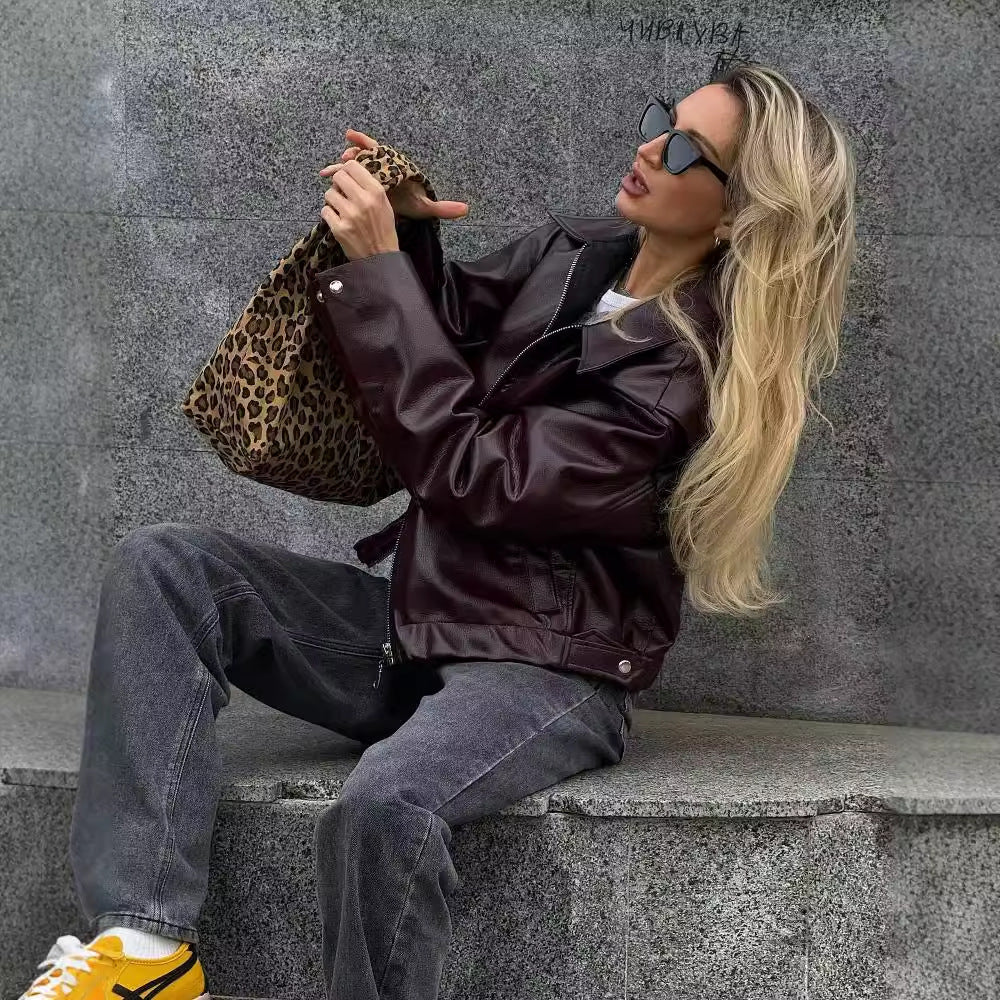 Einfarbige Reversjacke mit Reißverschluss Modische Freizeit-Lederjacke mit langen Ärmeln Oberteile Damenbekleidung