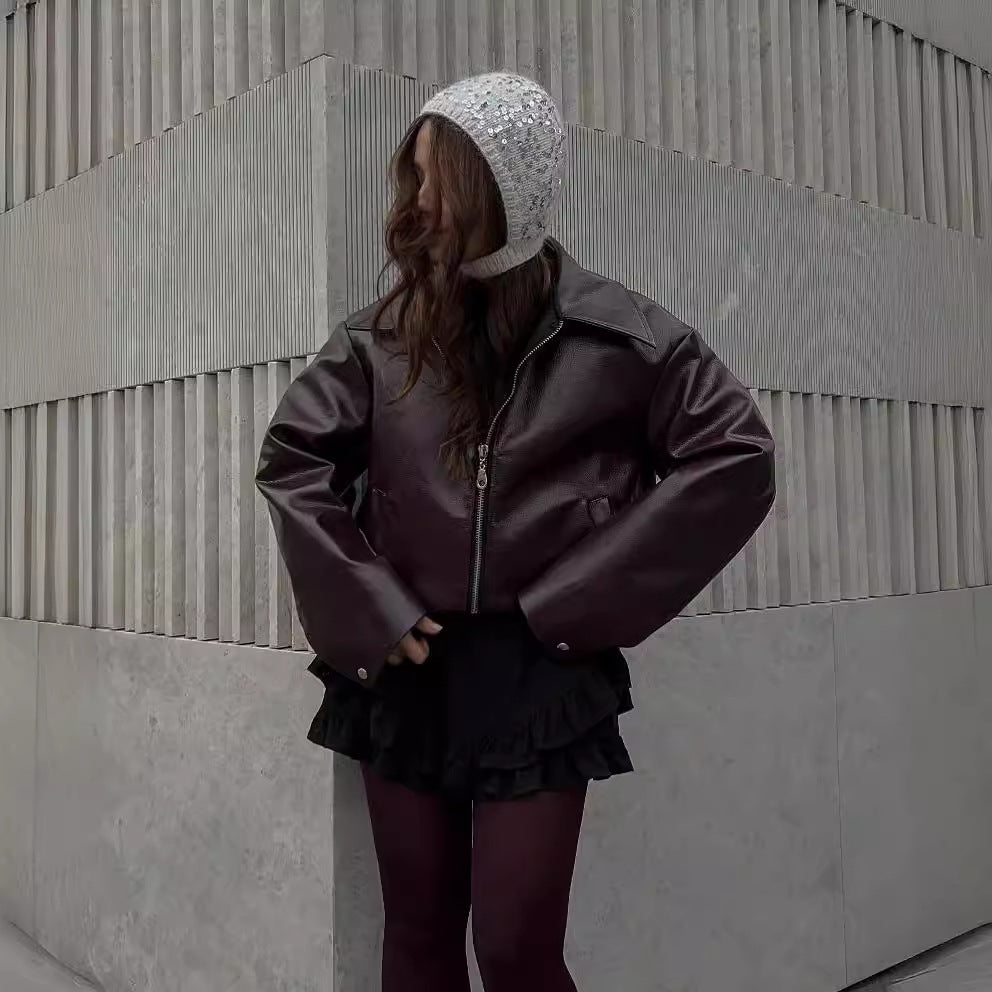 Einfarbige Reversjacke mit Reißverschluss Modische Freizeit-Lederjacke mit langen Ärmeln Oberteile Damenbekleidung