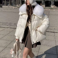 Daunenjacke für Damen, kurz mit Fellkragen, dick gefütterter Mantel, Winterkleidung